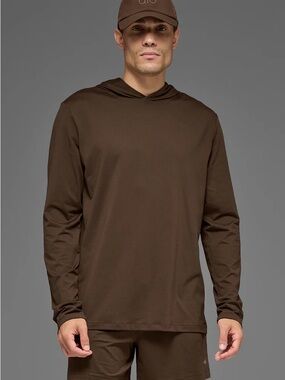 ALO Yoga Conquer Reform Long Sleeve With Hood Espresso Brown Hoodie Mens